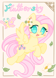 Size: 2156x3000 | Tagged: safe, artist:肝到驾崩, derpibooru exclusive, derpibooru import, fluttershy, butterfly, pegasus, g4, cute, flower, flying, leaves, wings