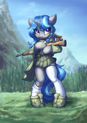 Size: 2480x3508 | Tagged: safe, artist:ravistdash, derpibooru import, oc, oc only, oc:cork, pony, semi-anthro, unicorn, battlefield, clothes, dark skin, egyptian, female, greek, gun, horn, mare, outdoors, rifle, scenery, skirt, socks, solo, stockings, thigh highs, weapon