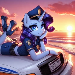 Size: 1024x1024 | Tagged: safe, ai content, derpibooru import, generator:dall-e 3, machine learning generated, rarity, anthro, g4, beach, car, clothes, female, high heels, license plate, looking at you, midriff, palm tree, police, police car, police officer, police uniform, prompter:glimmy-glam, shoes, solo, sunset, tree, vehicle, watch