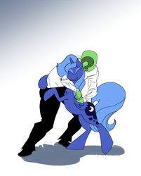 Size: 2540x3166 | Tagged: safe, artist:ponny, derpibooru import, princess luna, oc, oc:anon, alicorn, human, pony, g4, clothes, colored, cute, duo, eyes closed, female, folded wings, gradient background, hug, hugging a pony, lunabetes, pants, s1 luna, shoes, wings