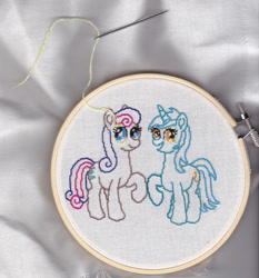 Size: 1280x1375 | Tagged: safe, artist:malte279, derpibooru import, bon bon, lyra heartstrings, sweetie drops, earth pony, pony, unicorn, g4, craft, embroidery, female, horn, looking at you, mare, smiling, wip