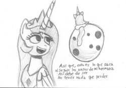 Size: 1693x1180 | Tagged: safe, artist:rosa ushiromiya, derpibooru import, princess celestia, alicorn, pony, g4, 4everfreebrony, crown, female, jewelry, mare, monochrome, moon, open mouth, regalia, song art, spanish, traditional art