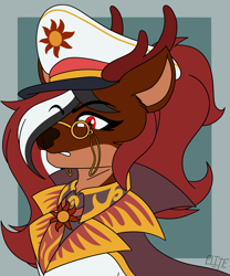 Size: 1818x2185 | Tagged: safe, derpibooru import, oc, oc:red rocket, deer, deer pony, hybrid, original species, equestria at war mod, antlers, cape, clothes, glasses, hat, necktie, passepartout, peaked cap, ponytail, serious, shirt, uniform