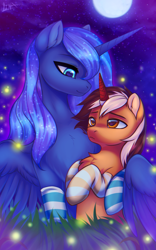 Size: 1428x2283 | Tagged: safe, artist:lina, derpibooru import, princess luna, oc, oc:wrench ironbolt, firefly (insect), insect, g4, canon x oc, clothes, commission, duo, grass, hug, looking at each other, looking at someone, looking up, moon, night, shiny, socks, sparkles, stars, striped socks