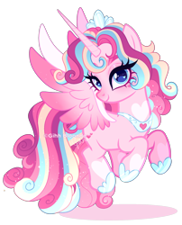 Size: 1696x2104 | Tagged: safe, artist:gihhbloonde, derpibooru import, oc, oc only, alicorn, pony, alicorn oc, colored wings, cyan eyes, eye clipping through hair, female, flying, gradient mane, gradient tail, gradient wings, grid adoptable, head turn, hoof shoes, horn, jewelry, leg markings, lightly watermarked, long horn, looking at you, magical lesbian spawn, mare, offspring, parent:pinkie pie, parent:princess cadance, parents:cadancepie, peytral, princess shoes, simple background, solo, sparkly mane, sparkly tail, sparkly wings, tail, tiara, transparent background, unnamed oc, watermark, wings