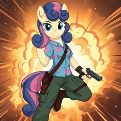 Size: 1024x1024 | Tagged: safe, ai content, derpibooru import, machine learning generated, bon bon, sweetie drops, anthro, earth pony, plantigrade anthro, g4, chuckles, clothes, cosplay, costume, female, g.i. joe, generator:google imagen 3.0, gun, hand in hair, handgun, hawaiian shirt, holster, pistol, prompter:zerowinger, shirt, smiling, solo, weapon