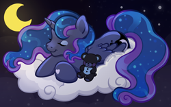 Size: 2400x1500 | Tagged: safe, artist:sparkytopia, derpibooru import, princess luna, alicorn, pony, g3, g4, cloud, crossed hooves, eyes closed, eyeshadow, female, g4 to g3, generation leap, makeup, mare, moon, night, outdoors, plushie, sleeping, smiling, solo, teddy bear, ych example, ych result, your character here