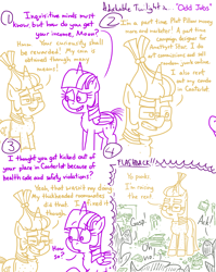 Size: 4779x6013 | Tagged: safe, artist:adorkabletwilightandfriends, derpibooru import, moondancer, twilight sparkle, twilight sparkle (alicorn), alicorn, pony, unicorn, comic:adorkable twilight and friends, g4, adorkable, adorkable twilight, clothes, comic, cute, dork, eyebrows, folded wings, foreground, glasses, horn, job, messy, question, roommates, scared, simple background, slice of life, smiling, stain, sweater, wings