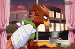 Size: 3774x2454 | Tagged: safe, artist:eveeka, derpibooru import, oc, oc only, oc:pavlos, griffon, bandage, beak, broken bone, broken wing, cafe, cast, cheek fluff, claws, clothes, coffee, colored wings, commission, donut, eared griffon, food, griffon oc, happy, injured, non-pony oc, nonbinary, sling, solo, tail, window, wings