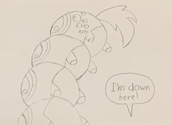 Size: 3699x2687 | Tagged: safe, artist:aidanthedrawerboi10, derpibooru import, derpy hooves, caterpillar, pony, g4, derpipillar, solo, species swap, speech bubble, traditional art, upside down