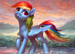 Size: 1496x1088 | Tagged: safe, ai content, derpibooru import, generator:pony diffusion v6 xl, generator:stable diffusion, machine learning generated, rainbow dash, pegasus, pony, g4, female, looking at you, mare, outdoors, prompter:radioglitch, raised hoof, raised leg, side view, smiling, solo, water, wet, wet mane