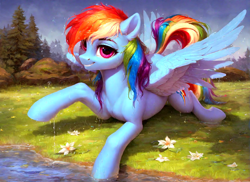 Size: 1496x1088 | Tagged: safe, ai content, derpibooru import, generator:pony diffusion v6 xl, generator:stable diffusion, machine learning generated, rainbow dash, pegasus, pony, g4, daisy (flower), female, flower, grass, grass field, looking at you, lying down, mare, nature, outdoors, prompter:radioglitch, prone, raised tail, river, smiling, solo, spread wings, tail, tree, water, wet, wet mane, wings