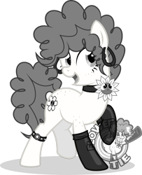 Size: 1038x1280 | Tagged: safe, artist:isaac_pony, derpibooru import, oc, oc only, oc:flower tie, earth pony, pony, 30s, black and white, black and white cartoon, butt freckles, clothes, female, flower, freckles, grayscale, latex, latex socks, logo, mare, monochrome, raised hoof, raised leg, show accurate, simple background, socks, solo, studs, transparent background