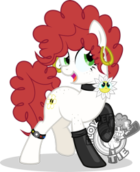 Size: 1042x1280 | Tagged: safe, alternate version, artist:isaac_pony, derpibooru import, oc, oc only, oc:flower tie, earth pony, pony, 30s, butt freckles, clothes, colored, female, flower, freckles, latex, latex socks, logo, mare, raised hoof, raised leg, show accurate, simple background, socks, solo, studs, transparent background