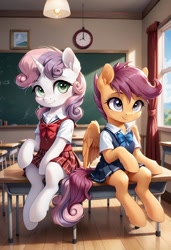 Size: 800x1169 | Tagged: safe, ai content, derpibooru import, generator:pony diffusion v6 xl, generator:stable diffusion, machine learning generated, scootaloo, sweetie belle, pegasus, pony, semi-anthro, unicorn, g4, chalkboard, classroom, clothes, duo, duo female, female, filly, foal, horn, indoors, mare, prompter:gregorymars, school, school uniform, sitting, skirt, table, window