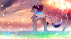 Size: 3430x1898 | Tagged: safe, artist:madragon, derpibooru import, oc, oc only, oc:shedlight feather, kirin, autumn, autumn leaves, chest fluff, cloud, colorful, cute, female, glowing mane, grass, hoof fluff, horn, kirin oc, leaves, mare, outdoors, ponytail, solo, standing, tree