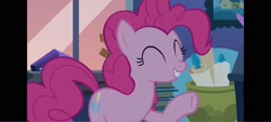 Size: 1600x720 | Tagged: safe, derpibooru import, pinkie pie, earth pony, g4, eyes closed, female, raised hoof, raised leg, smiling