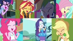 Size: 1067x600 | Tagged: safe, derpibooru import, screencap, applejack, fluttershy, pinkie pie, rainbow dash, rarity, sci-twi, sunset shimmer, twilight sparkle, human, equestria girls, g4, collage, female, humane five, humane seven, humane six, laughing