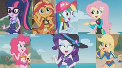 Size: 1067x600 | Tagged: safe, derpibooru import, screencap, applejack, fluttershy, pinkie pie, rainbow dash, rarity, sci-twi, sunset shimmer, twilight sparkle, human, equestria girls, g4, bikini, clothes, collage, female, humane five, humane seven, humane six, one-piece swimsuit, swimsuit