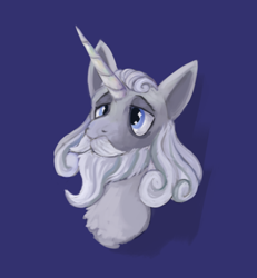 Size: 642x695 | Tagged: safe, artist:acura, derpibooru import, star swirl the bearded, unicorn, g4, beard, blue background, bust, facial hair, horn, male, moustache, portrait, simple background, solo, stallion