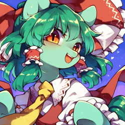 Size: 1024x1024 | Tagged: safe, ai content, derpibooru import, machine learning generated, pony, explicit source, female, green fur, hakurei reimu, mare, miko, ponified, prompter:imperishable neet, species swap, touhou