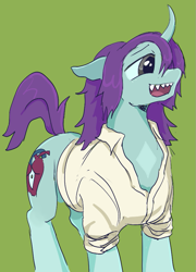 Size: 657x911 | Tagged: safe, artist:rainbowteeth, derpibooru import, oc, oc only, changeling, hybrid, pony, green background, horn, sharp teeth, simple background, solo, teeth