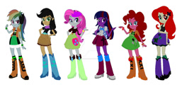 Size: 1024x491 | Tagged: safe, artist:raspberrycream12, derpibooru import, applejack, fluttershy, pinkie pie, rainbow dash, rarity, twilight sparkle, human, equestria girls, g4, belt, boots, clothes, cowboy boots, cowboy hat, deviantart watermark, elements of insanity, eqg promo pose set, female, hat, high heel boots, jacket, male, obtrusive watermark, shirt, shoes, simple background, skirt, socks, straight, vest, watermark, white background