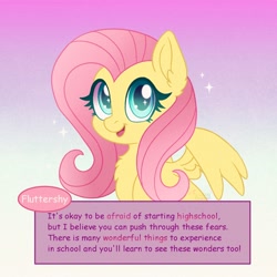 Size: 1500x1500 | Tagged: safe, artist:faelingmagic, derpibooru import, fluttershy, pegasus, pony, g4, chest fluff, encouragement, female, gradient background, mare, motivation, positive ponies, solo