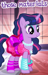 Size: 348x542 | Tagged: safe, derpibooru import, twilight sparkle, twilight sparkle (alicorn), alicorn, pony, g4, 80s, cropped, english, gameloft, material girl, meme, my little pony: magic princess, pop princess twilight, retro twilight sparkle, solo, text, wow! glimmer