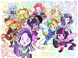 Size: 5280x3910 | Tagged: safe, artist:禾刀一木, derpibooru import, applejack, fluttershy, pinkie pie, rainbow dash, rarity, sci-twi, starlight glimmer, sunset shimmer, trixie, twilight sparkle, human, equestria girls, g4, acoustic guitar, belt, boots, clothes, cowboy boots, cowboy hat, drums, electric guitar, guitar, hat, humane five, humane seven, humane six, jacket, keytar, microphone, musical instrument, ponied up, shirt, shoes, skirt, socks, tambourine, the rainbooms, twolight, vest