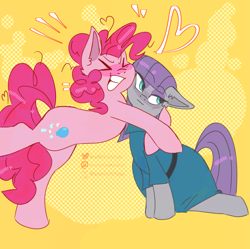 Size: 3113x3099 | Tagged: safe, artist:spoonfulofsuga, derpibooru import, maud pie, pinkie pie, earth pony, pony, g4, blushing, clothes, duo, duo female, ears, eyes closed, female, floating heart, floppy ears, grin, heart, hug, incest, lesbian, mare, piecest, ship:pinkiemaud, shipping, siblings, sisters, smiling, standing, standing on one leg, tail, when she smiles