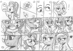 Size: 1705x1204 | Tagged: safe, artist:rosa ushiromiya, derpibooru import, starlight glimmer, trixie, pony, unicorn, g4, blushing, bottle, comic, duo, duo female, female, horn, kissing, lesbian, mare, monochrome, shipping, sitting, startrix, traditional art