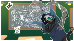 Size: 3840x2160 | Tagged: safe, artist:barnnest, derpibooru import, oc, oc only, oc:gear works, cyborg, earth pony, pony, fanfic:iron hearts, augmented, chalk, chalkboard, chaos, chaos star, conspiracy theory, crossover, cyborg pony, diagram, earth pony oc, looking at you, male, mask, robotic arm, servo arm, solo, techpriest, text, warhammer (game), warhammer 40k