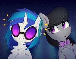 Size: 2361x1856 | Tagged: safe, artist:taneysha, derpibooru import, dj pon-3, octavia melody, vinyl scratch, earth pony, pony, unicorn, g4, bangs, bowtie, clothes, crossed hooves, duo, duo female, emanata, equalizer, eyebrows, eyebrows visible through hair, eyelashes, female, fluffy, frown, glasses, grass, grass field, headphones, high res, horn, lesbian, listening, listening to music, looking up, lying down, mare, night, octavia is not amused, octavia's bowtie, on back, open mouth, scratchtavia, sharing, sharing headphones, shipping, sky, smiling, starry night, stars, unamused, vinyl's glasses