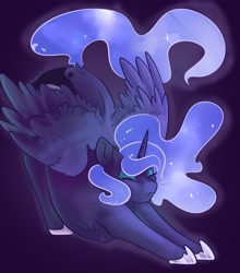 Size: 3000x3405 | Tagged: safe, artist:jezebel_remedy, derpibooru import, princess luna, alicorn, pony, g4, behaving like a cat, eyes closed, face down ass up, female, mare, solo, spread wings, stretching, wings