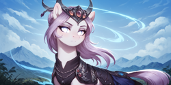 Size: 2400x1200 | Tagged: safe, ai content, derpibooru import, machine learning generated, oc, oc only, oc:miao ying, earth pony, pony, armor, bust, looking at you, medieval, portrait, prompter:greesys, purple hair, scenery, solo