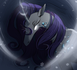 Size: 1178x1062 | Tagged: safe, artist:melodylibris, derpibooru import, rarity, unicorn, wendigo, g4, bust, female, gem, glowing, glowing eyes, horn, long horn, looking at you, mare, solo, species swap