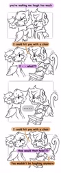 Size: 1455x4096 | Tagged: safe, artist:opalacorn, derpibooru import, oc, oc only, pegasus, pony, sphinx, chair, clothes, comic, dialogue, duo, eye scar, facial scar, grayscale, hoodie, monochrome, one eye closed, partial color, scar, simple background, speech bubble, sphinx oc, white background, wink