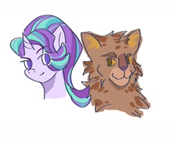 Size: 1460x1200 | Tagged: safe, artist:wimple, derpibooru import, starlight glimmer, cat, unicorn, g4, bramblestar, female, horn, male, simple background, warrior cats, white background