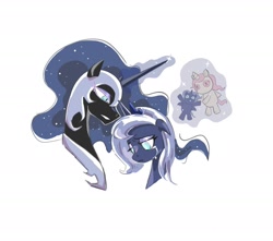 Size: 1939x1717 | Tagged: safe, artist:daogebuzai, derpibooru import, nightmare moon, princess luna, alicorn, pony, g4, duo, female, filly, foal, mare, simple background, white background