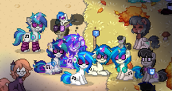 Size: 649x343 | Tagged: safe, derpibooru import, dj pon-3, octavia melody, vinyl scratch, earth pony, pony, unicorn, g4, clone, game screencap, grass, group, horn, multeity, pony town, question mark, surrounded