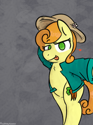 Size: 2048x2732 | Tagged: safe, artist:felixmcfurry, derpibooru import, carrot top, golden harvest, pony, g4, ambiguous species, bipedal, chest fluff, clothes, eyebrows, eyelashes, female, flower, green eyes, hat, heart, jacket, mare, orange mane, pinup, raised eyebrow, signature, solo, textured background, tongue, tongue out, yellow fur