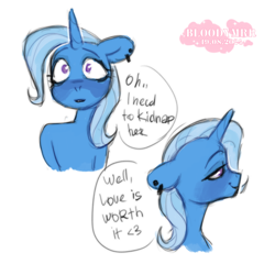 Size: 3000x3000 | Tagged: safe, artist:bloodymrr, derpibooru import, trixie, pony, unicorn, g4, alternate universe, blushing, bust, ear piercing, earring, ears back, female, horn, implied kidnapping, implied lesbian, implied shipping, implied starlight glimmer, implied startrix, jewelry, lesbian, lidded eyes, piercing, simple background, smiling, solo, speech bubble, text, white background