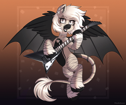 Size: 3000x2483 | Tagged: safe, artist:madelinne, derpibooru import, oc, oc only, oc:devilvoice, bat pony, pony, bat pony oc, electric guitar, female, flying, gradient background, guitar, jewelry, leonine tail, looking at you, mare, musical instrument, playing guitar, solo, tail