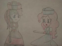 Size: 1040x780 | Tagged: safe, artist:arrowsweetie, derpibooru import, pinkie pie, oc, oc:red arrow, human, equestria girls, g4, apology, british, clothes, dress, duo, long dress, long skirt, no nose, skirt, traditional art