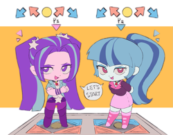 Size: 1539x1200 | Tagged: safe, artist:yanming98294, derpibooru import, aria blaze, sonata dusk, human, equestria girls, g4, chibi, dance dance revolution, dance floor, duo, duo female, female