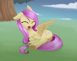 Size: 3220x2568 | Tagged: safe, artist:dusthiel, derpibooru import, fluttershy, pony, g4, butt, cute, cute little fangs, fangs, lying down, plot, prone, shyabetes, solo, yawn