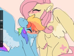 Size: 2068x1572 | Tagged: safe, artist:numetalalicorn, derpibooru import, fluttershy, rainbow dash, pegasus, pony, g4, art program in frame, blushing, cute, dashabetes, duo, duo female, eyes closed, female, flutterdash, grooming, lesbian, mare, no mouth, preening, procreate app, shipping, shyabetes, smoldash, tallershy, unshorn fetlocks, wings