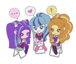 Size: 2119x1776 | Tagged: safe, artist:yanming98294, derpibooru import, adagio dazzle, aria blaze, sonata dusk, human, equestria girls, g4, ..., blue hair, chibi, cute, exclamation point, female, heart, orange hair, purple hair, simple background, sitting, smiling, speech bubble, the dazzlings, trio, trio female, white background