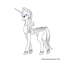 Size: 2000x2000 | Tagged: safe, artist:cassandra211190, derpibooru import, oc, oc:κασσάνδρα, alicorn, pony, alicorn oc, eye clipping through hair, eyebrows, eyebrows visible through hair, female, folded wings, horn, looking down, mare, simple background, slender, solo, tall, thin, unshorn fetlocks, white background, wings